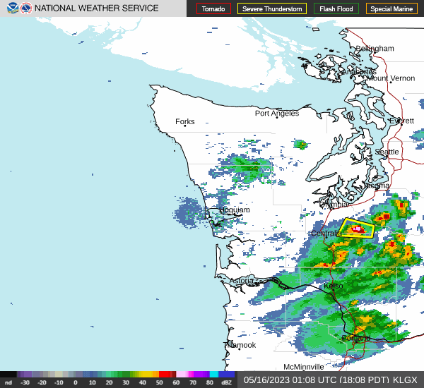 National Weather Service radar image of the Thunderstorm moving through Thurston County and its predicted path.